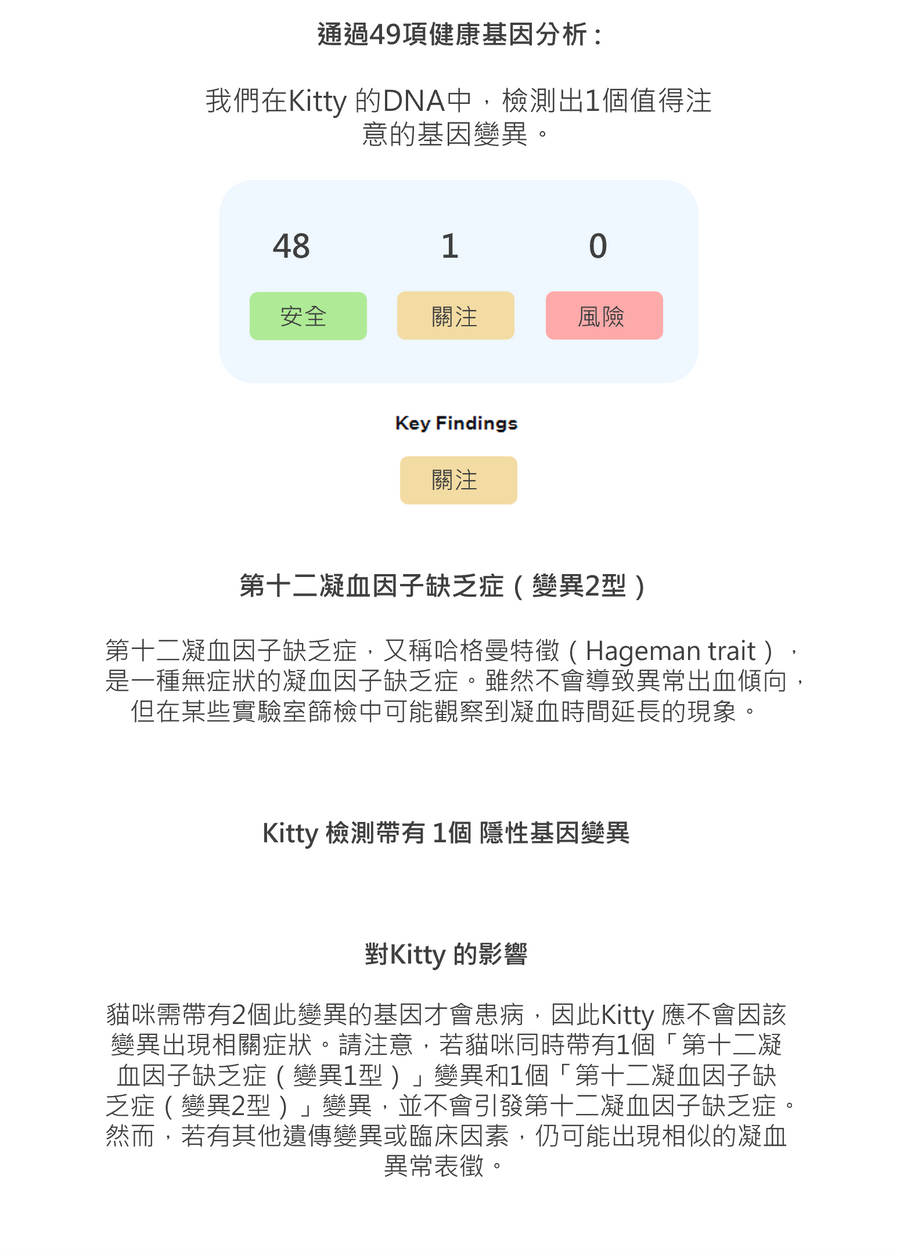 貓咪遺傳健康風險總覽報告截圖